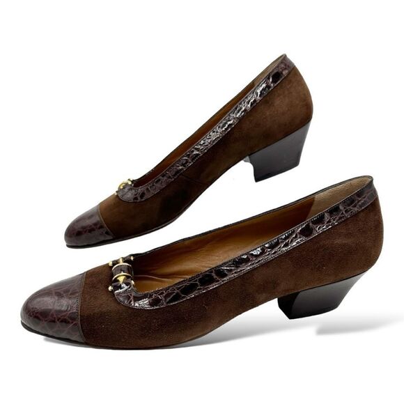 Bally Vintage Brown Suede Leather‎ Heels Trimmed In Croc Embossed Patent Leather - Picture 1 of 8